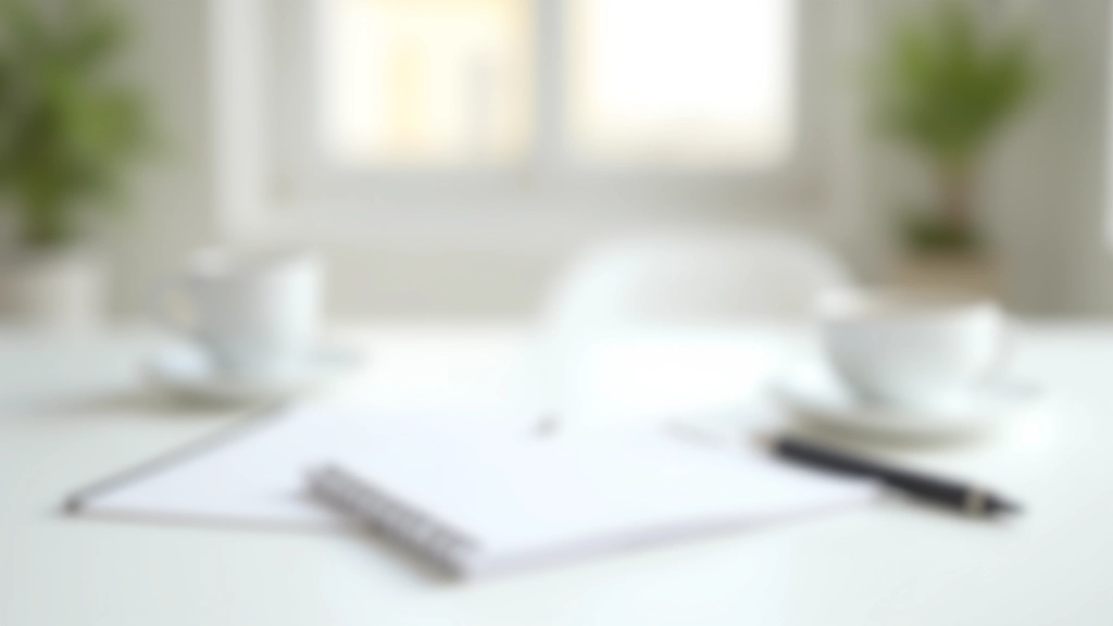 Espaço de trabalho minimalista com caneta, papel e uma xícara de café em superfície clara, luz natural suave