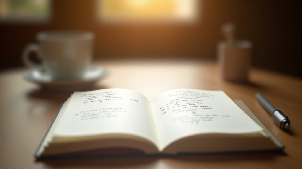 Caderno aberto com anotações sobre técnicas de memória, caneta ao lado e uma chávena de café num ambiente calmo de estudo