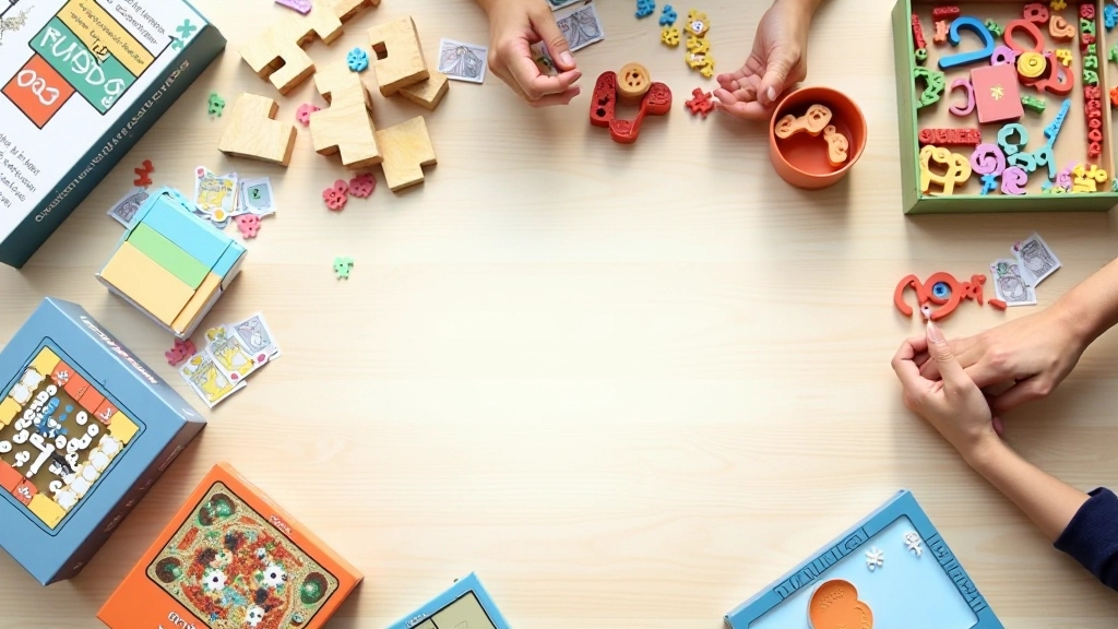 Colecção de diferentes quebra-cabeças, jogos de cartas e tabuleiros numa mesa de madeira clara