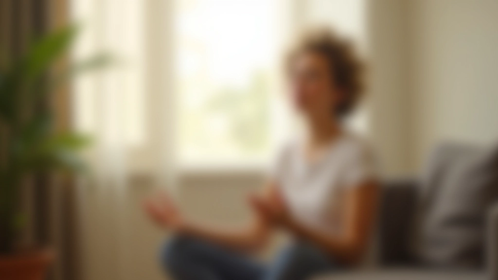 Pessoa em ambiente calmo fazendo exercício de respiração, postura relaxada, luz natural suave vindo de janela, sem rosto visível