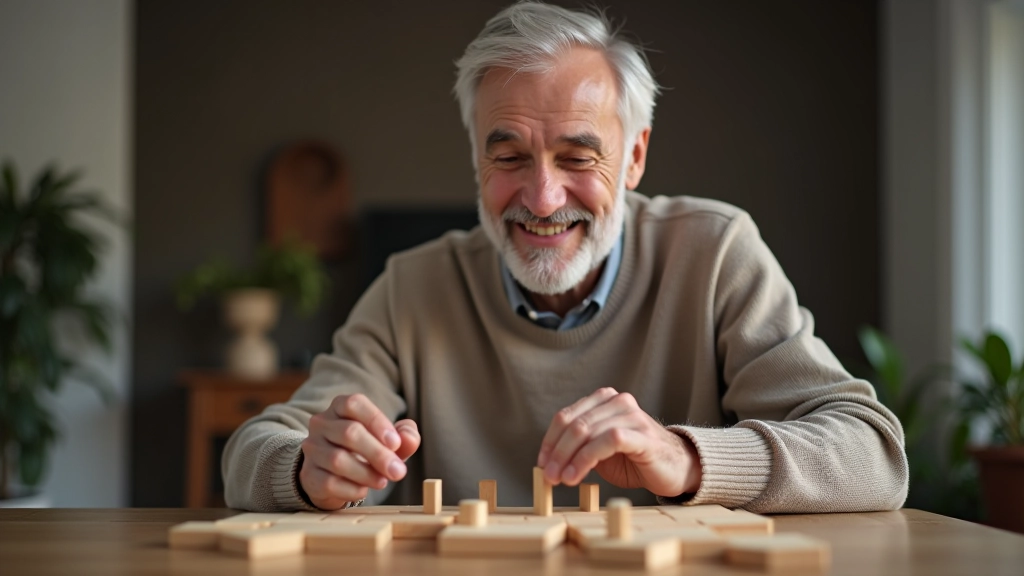 Pessoa idosa sorrindo enquanto completa um puzzle de madeira, demonstrando concentração e satisfação