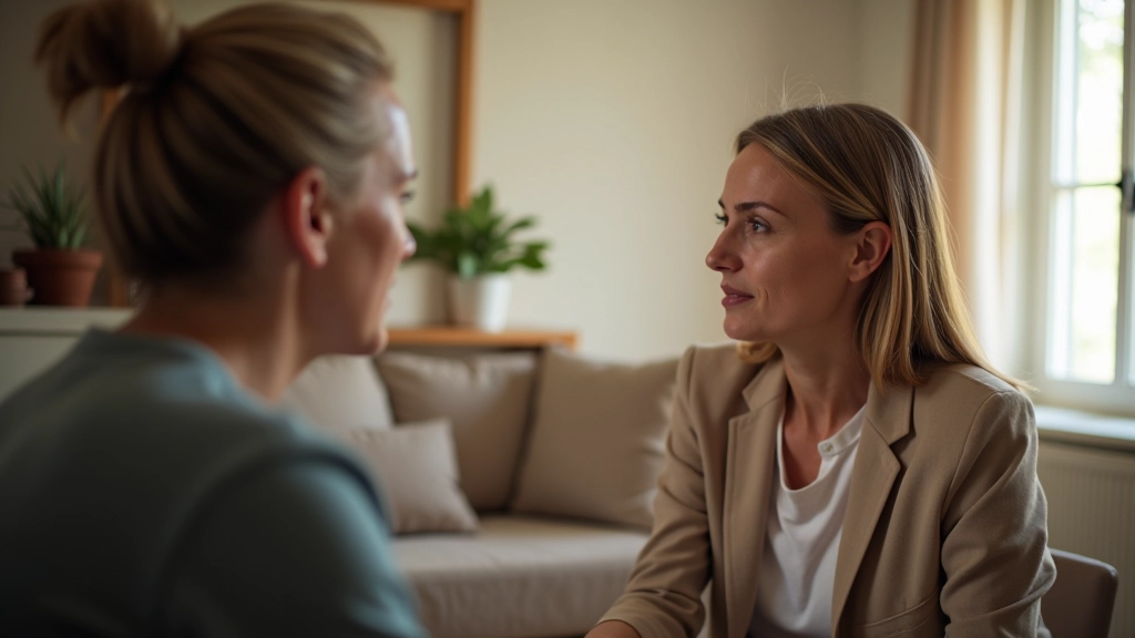 Duas pessoas em conversa, uma ouvindo atentamente a outra, ambiente aconchegante com luz natural, postura de atenção genuína