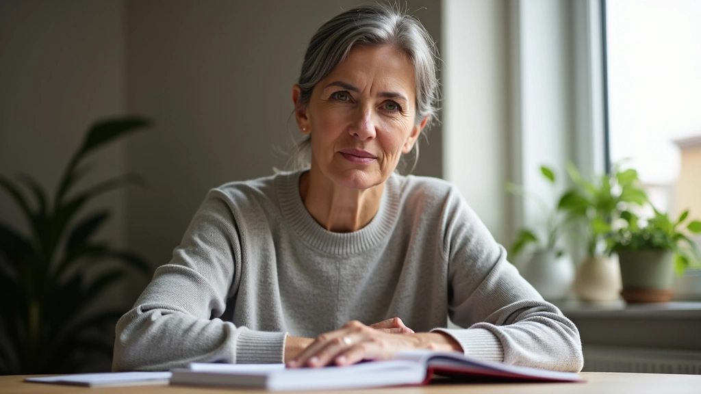 Mulher numa sala de estudo bem iluminada, concentrada num livro aberto, com anotações coloridas ao seu redor, luz natural de janela