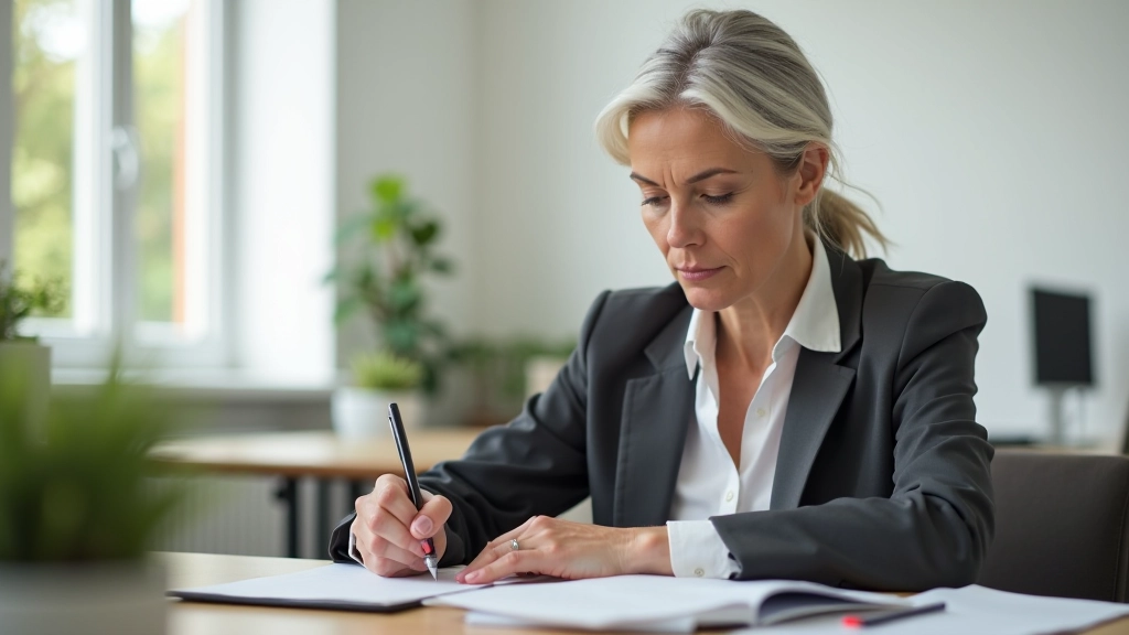 Mulher adulta concentrada em um ambiente de aprendizado, rodeada por notas e material de estudo em uma mesa bem organizada